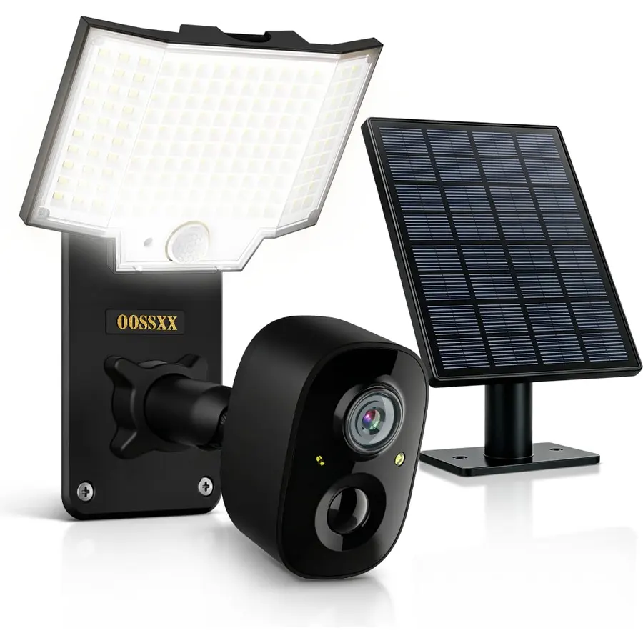 OOSSXX Solar Floodlight Security Camera Outdoor Wireless, 4MP HD 3-in-1