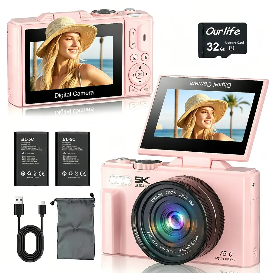 Ourlife 5K Digital Camera for Photography with Flip Screen,Pink Camera