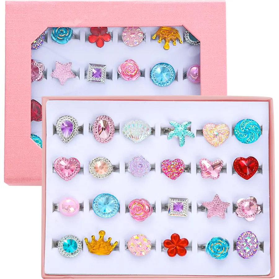 PASEMM 24pcs Little Girl Jewel Rings, Adjustable, No Duplication Kids Play Ring in Box,Pretend Play and Dress Up Rings for 4-12 Year Old Girl Birthday Christmas Gifts,3 4 5 6 7 8 9 10 11 12 Year Old