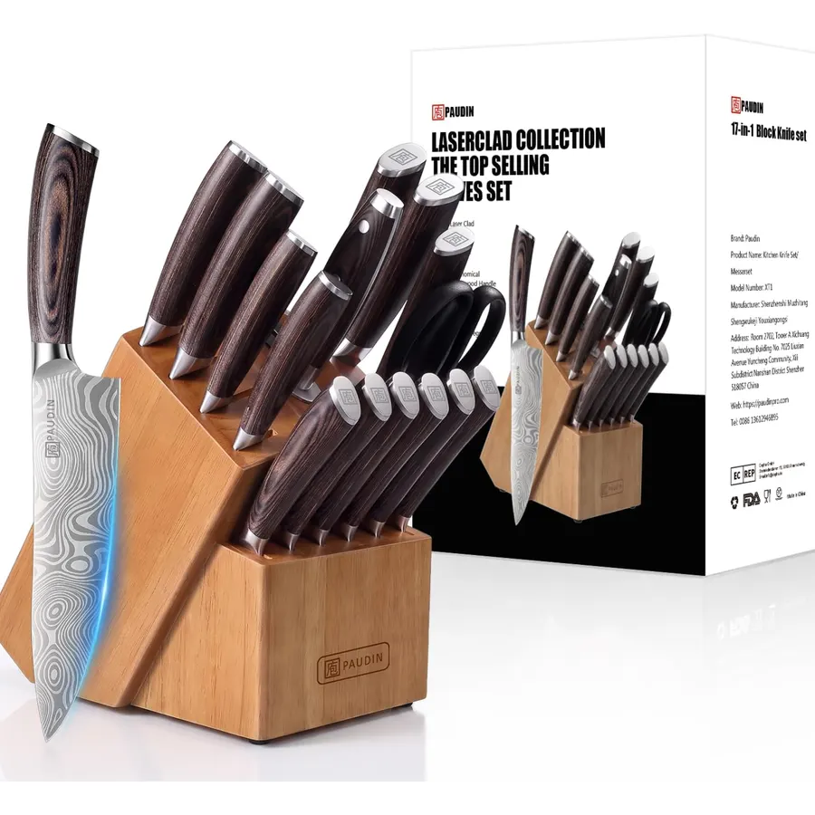17 Pieces Kitchen Utensils Set and Knife Set with Acrylic Block, Silicone Utensils Set for Cooking, Sharp Stainless Steel Knife Block Set with Built-in Sharpener Dicing Chopping (Beige)