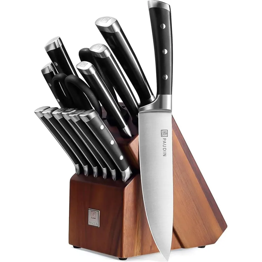 Kuisine Knife Set 15 pieces High Carbon Stainless Steel Professional Kitchen Knife block set with Sharpener Black