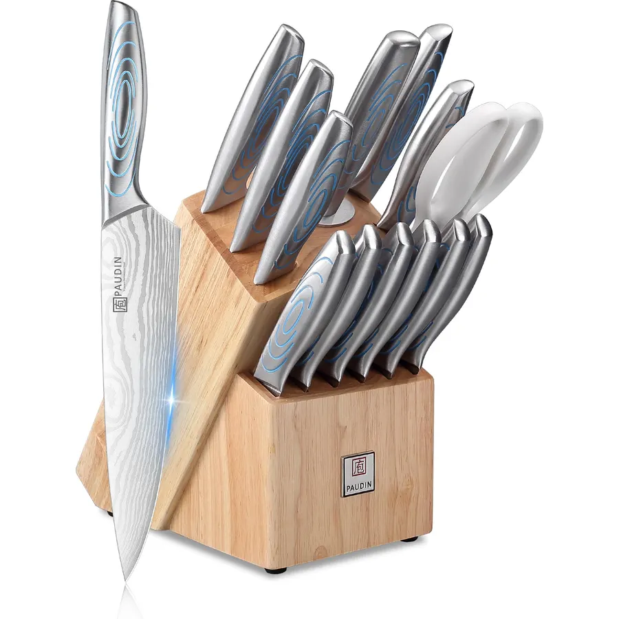 PAUDIN Knife Set, 14 Piece Knife Block Set with Unique Water Ripple Handles