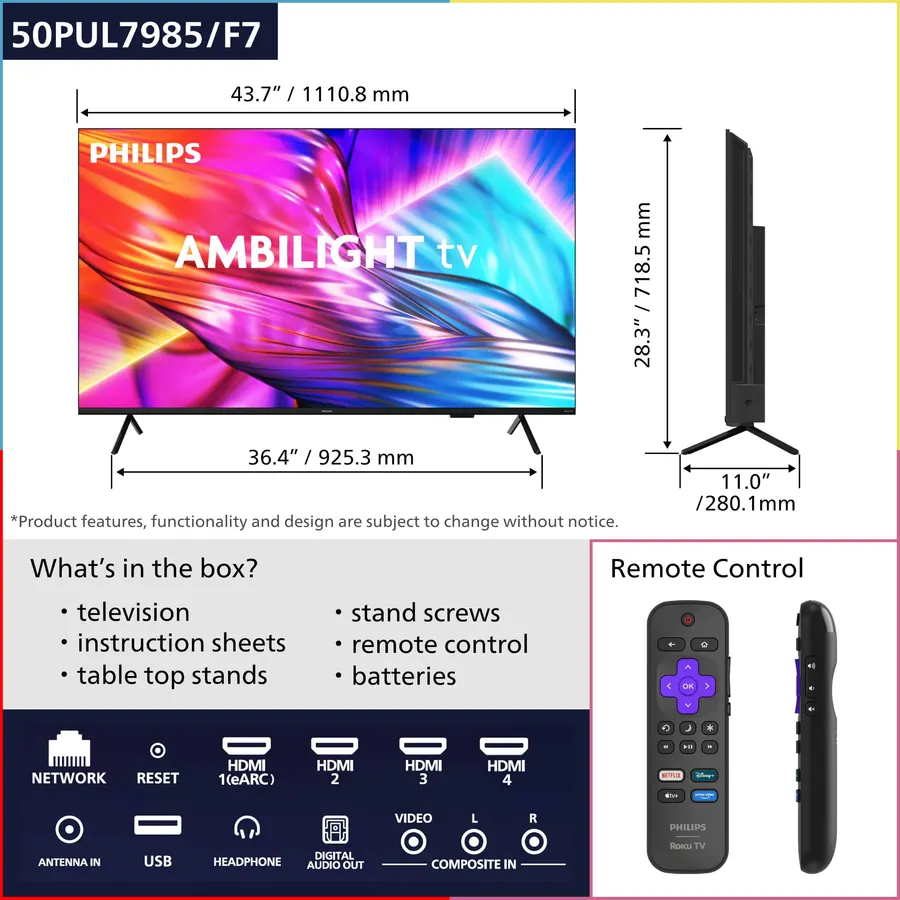 PHILIPS 50 Inch 4K QLED Roku TV, 7985 Series with Ambilight, UHD 2160p, HDR