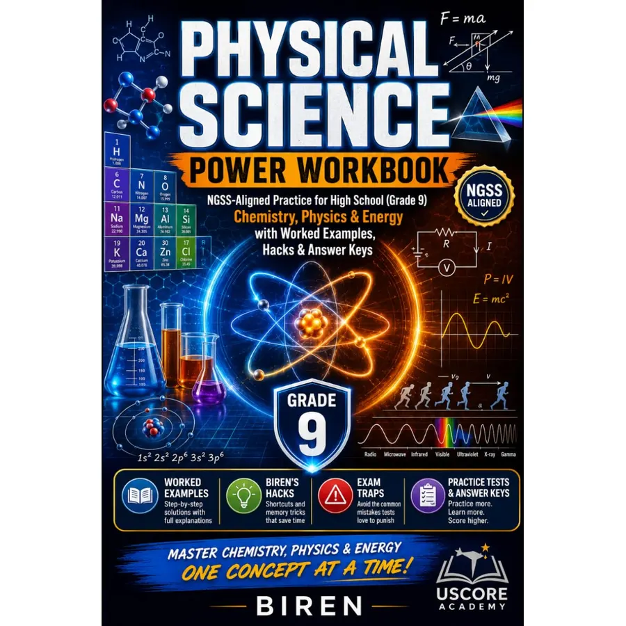 Physical Science Power Workbook: NGSS-Aligned Practice for High School (Grade 9) — Chemistry, Physics & Energy with Worked Examples, Hacks & Answer Keys