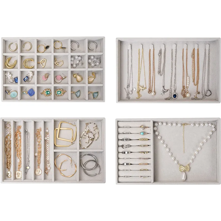 ProCase Stackable Jewelry Organizer Trays for Drawers, Jewelry Drawer Inserts with Removable Dividers -Grey, 4 Layers