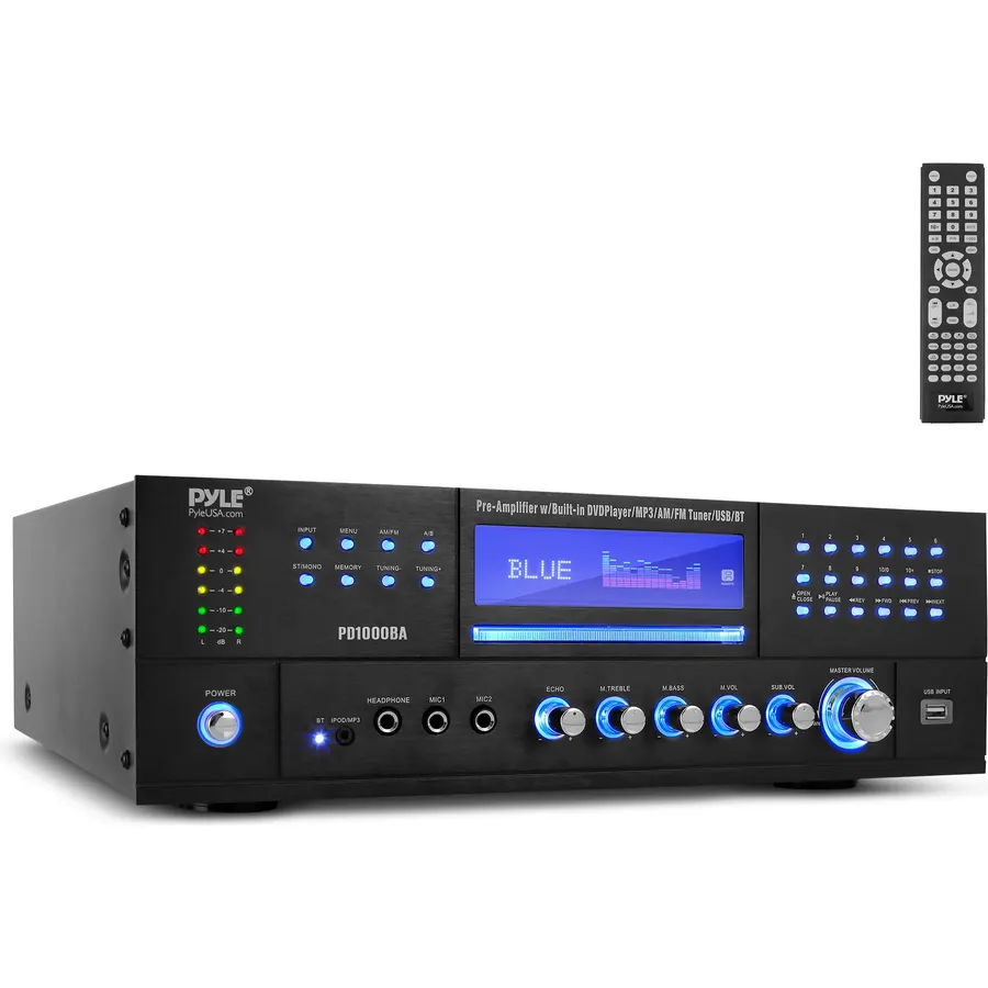 Pyle 4-Channel 1000W Power Amplifier with Bluetooth - Wireless Stereo Home Audio Receiver w/ Front Loading CD DVD Player, FM Radio, USB-A, Headphone, 2 Microphone w/ Echo, LED, Rack Mount - PD1000BA