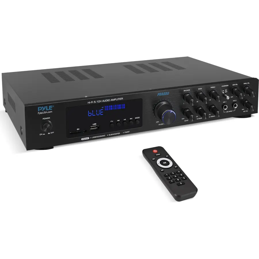 Pyle Bluetooth 5.1 Channel Home Entertainment Amplifier - Subwoofer Out - Easy Karaoke with Dual Mic Inputs w/ Echo, USB-A / SD Reader with MP3 Player, RCA In and Line out - PDA8BU