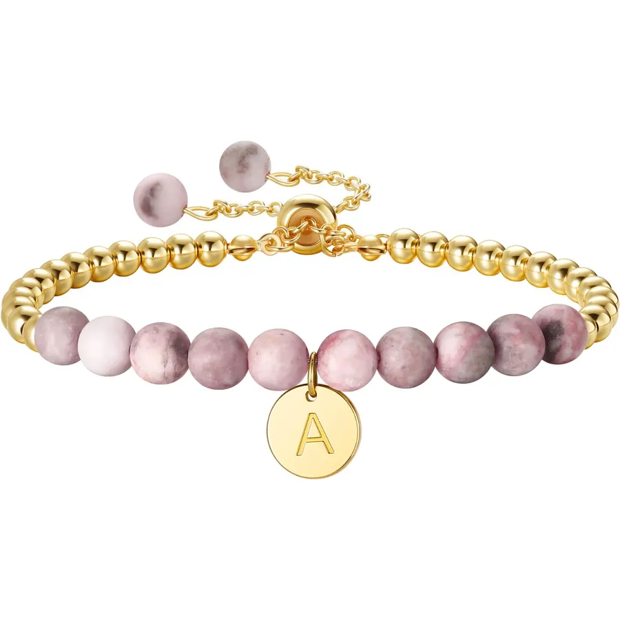 Ritach Initial Bracelets for Girls Kids - Pink Zebra Natural Stone Disc/Heart Initial Bracelet Adjustable Gold/Silver Beaded Bracelets for Girls Kids Teen Girl Jewelry Birthday Gifts