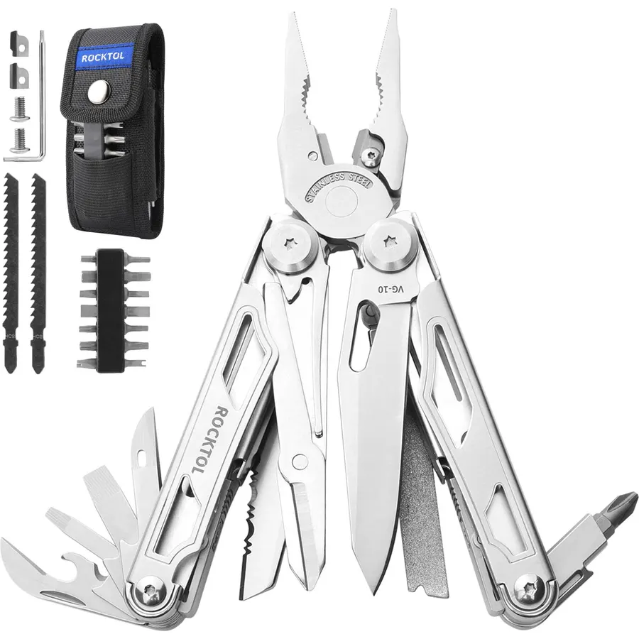 ROCKTOL SK05 Multitool, VG10 Knife Blade, 29-in-1 Multi tool Pliers, Replaceable Wire Cutters, Interchangeable File and Saw with T-shank, Heavy-duty Multi-tool in-car for Camping, Survival, Reapair