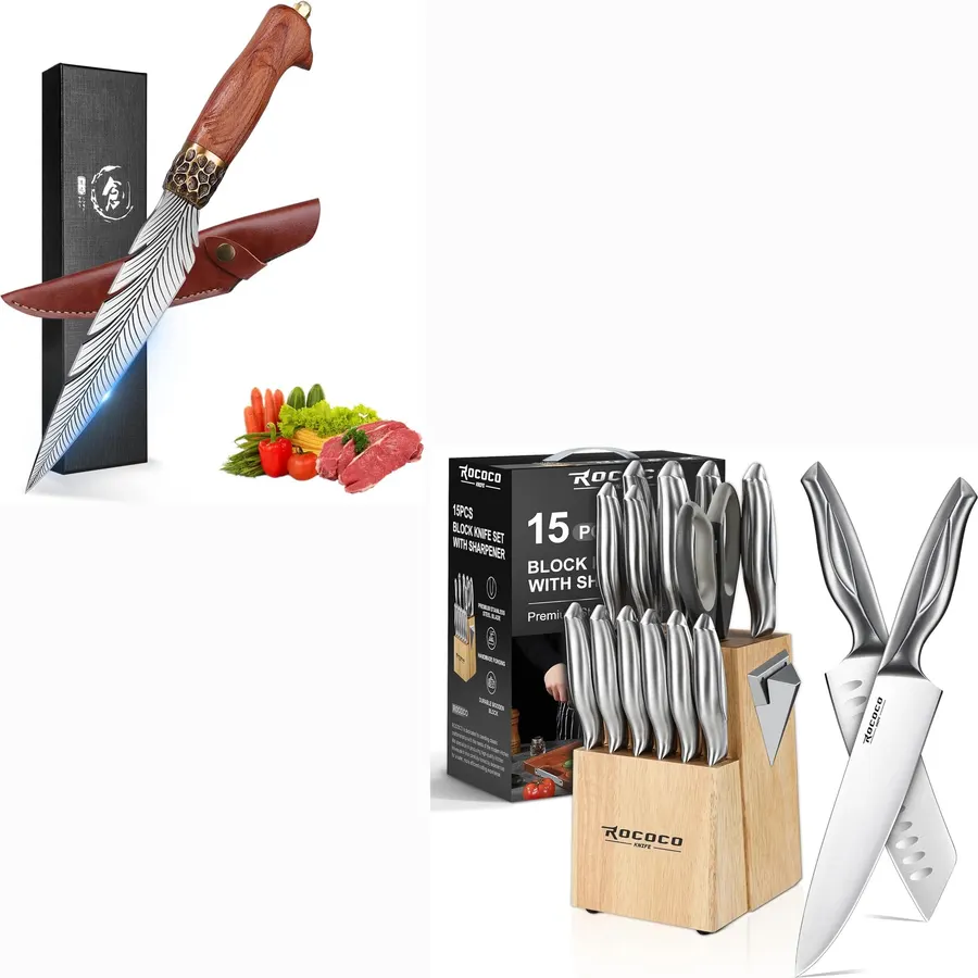 ROCOCO The 15 PCS Kitchen Block Knife Set with Dragon Viking Cleaver for Cutting Ribs Roasts Fruits Veggies Multipurpose Kitchen Knives for BBQ Birthday Thanksgiving Christmas Gift Ideal Men