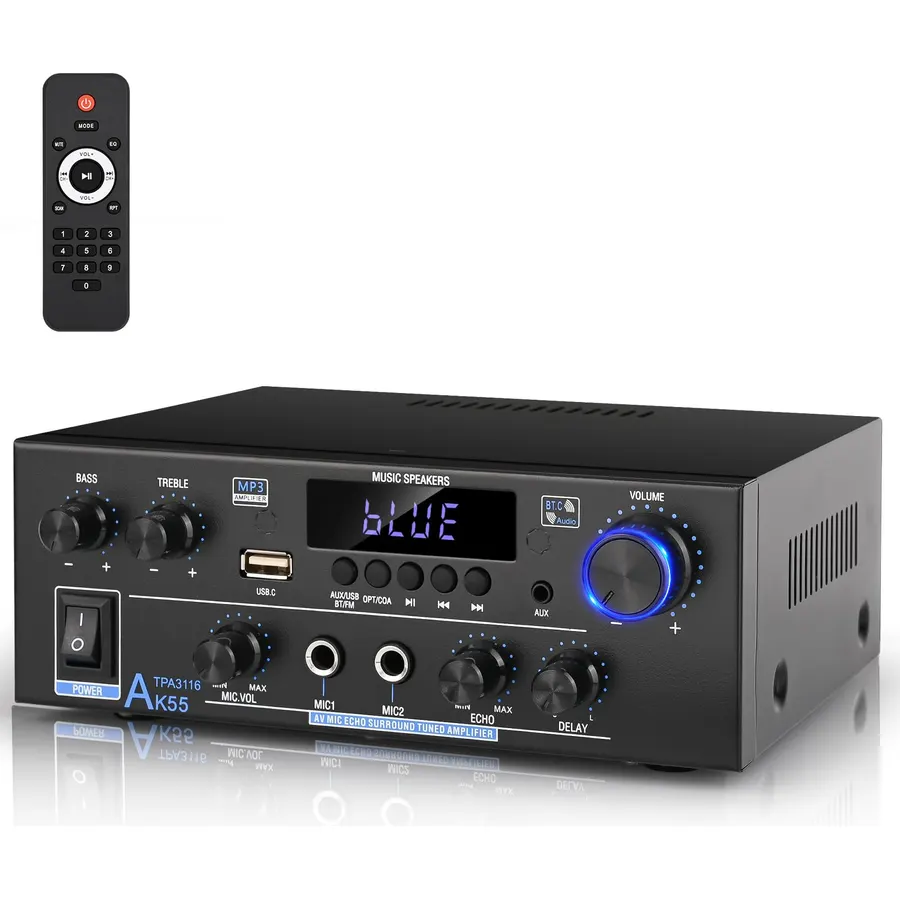 Bluetooth 5.0 Stereo Amplifier, 2.1 Channel 400W Home Audio Stereo Receiver for 2 Passive Speakers & Passive Subwoofer, Dual Mic Inputs, USB/SD/FM, Bass Treble Echo Control, Remote Control