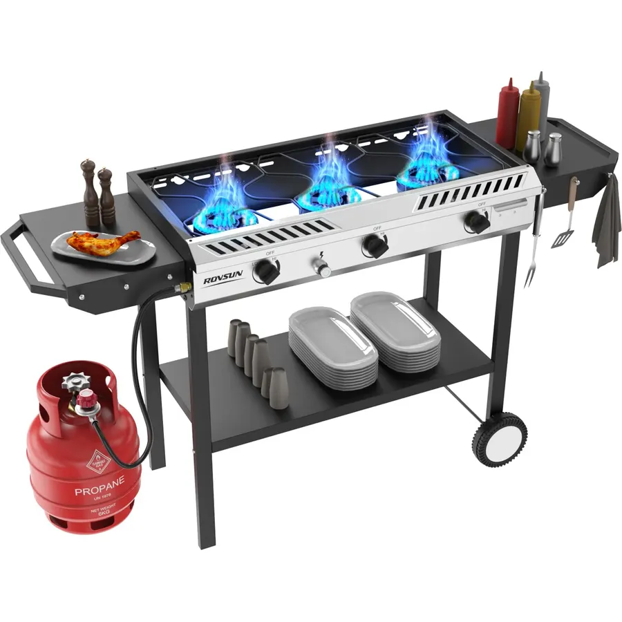 ROVSUN 3 Burner Propane Stove with Auto Ignition, 225,000 BTU Gas Stove with Storage Shelf, Rolling Wheels & Regulator for Home Outdoor Backyard Camping Cooking Frying Brewing Canning
