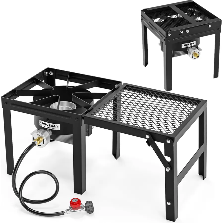 ROVSUN Portable Propane Gas Stove with Foldable Side Rack, Single Burner Camp Stove Cooker for Outdoor Backyard Cooking, Camping, Tailgating, Canning, Turkey Frying & Seafood Boiling, Patent Pending