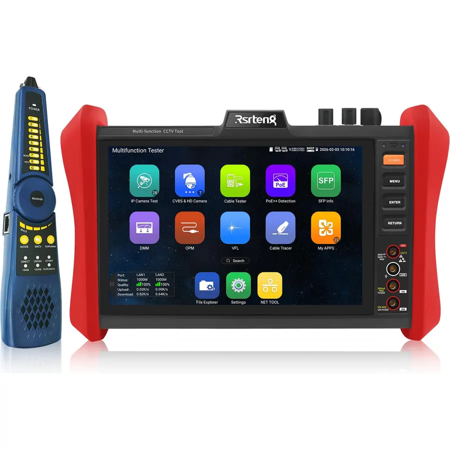 Rsrteng CCTV Tester 4K 12MP IP Camera Tester POE++ Max 90W POE Camera Test OPM/VFL/DMM,8MP TVI/CVI/AHD/CVBS Coaxial Camera Test 1CH SFP Module,WiFi,Network Tools,Cable Tester,HD/VGA,POE Detection