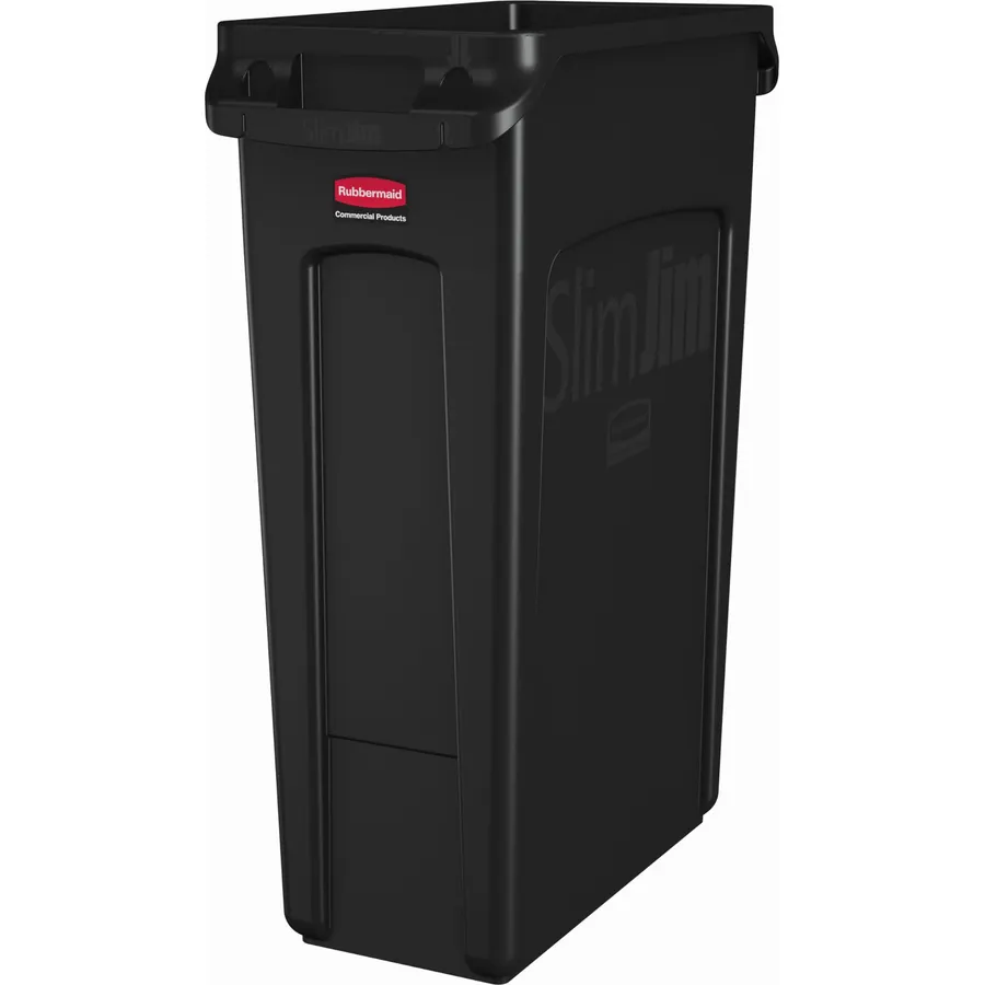 Rubbermaid Commercial Products Slim Jim Plastic Rectangular Trash/Garbage Can With Venting Channels, 23 Gal, Black, for Kitchen/Office/Workspace