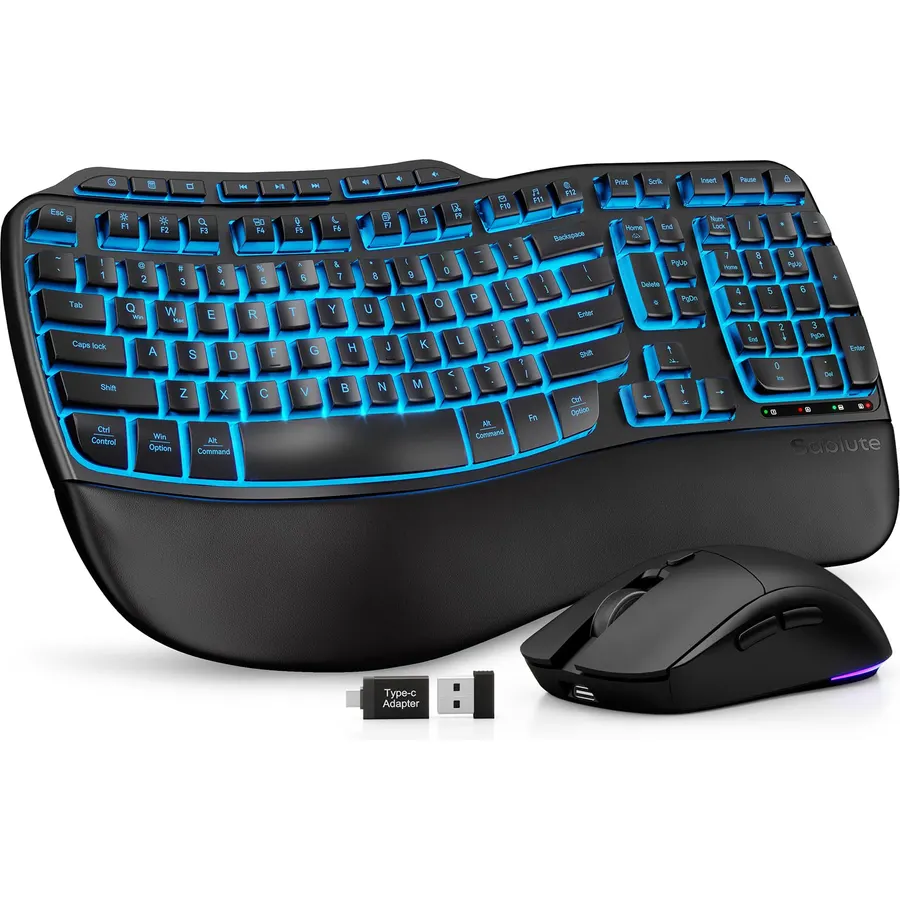 SABLUTE Ergonomic Wireless Keyboard and Mouse Combo, Rechargeable 4000mAh Backlit Keyboard with Soft Faux Lambskin Palm Rest, Wave Keys for Natural Typing, Compatible with Windows/Mac/Chrome OS