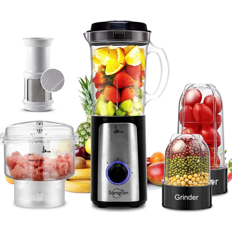 Sangcon Blenders and Food Processor Combo for Kitchen, 5 in 1 Blender for Shakes and Smoothies, Meat Chopped, Grinding & more, 40 oz Jar & 17oz Cup with To-Go Lid, Stainless Steel Silver