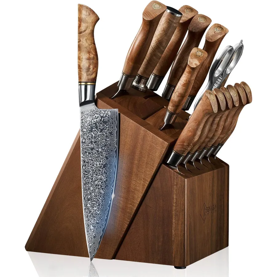 SENKEN 16-Piece Damascus Knife block Set - The Dynasty Collection - Japanese VG10 Damascus Steel with Natural Sycamore Wood Handles, Steak Knives, Scissors, & Sharpening Rod (16-Piece Knife Block Set)