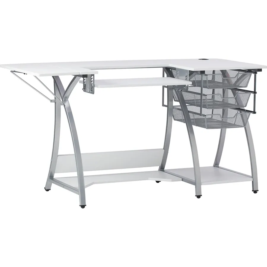 Sew Ready Pro Stitch Sewing Machine Table - 56.75" W x 23.75" D White Hobby and Sewing Machine Table with Storage Shelf and 3 Storage Drawers - Can Also Be Used as Computer Desk