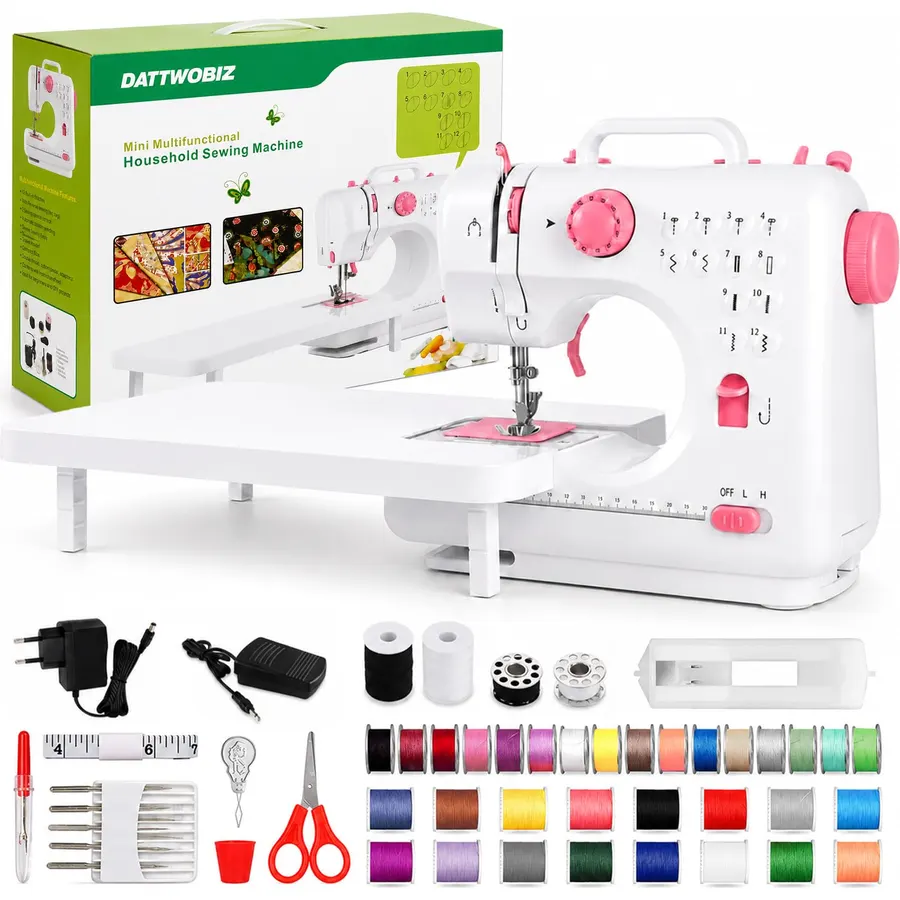 Sewing Machine for Beginners, Portable with 12 Built-In Stitches, Foot Pedal, Light & Thread Cutter, Small Sewing Machine for Clothes Mending, DIY Crafting, Sleeves, Buttons (Pink)