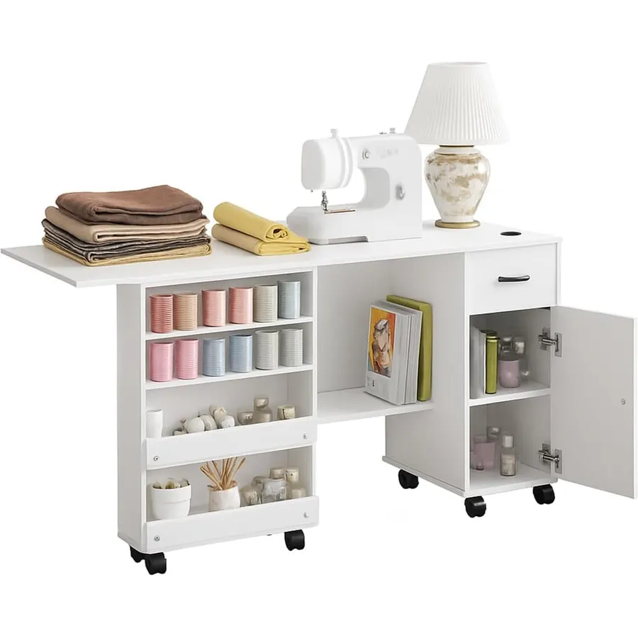 Sewing Table Folding – Storage Shelves Sliding Drawer Rolling Craft Station