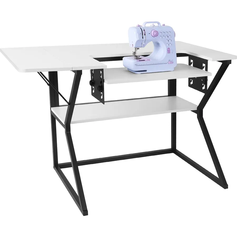 Foldable Sewing Machine Table, Multipurpose Sewing Table with Adjustable Platform, Storage Shelf and 2 Cloth Drawers (Warm White)
