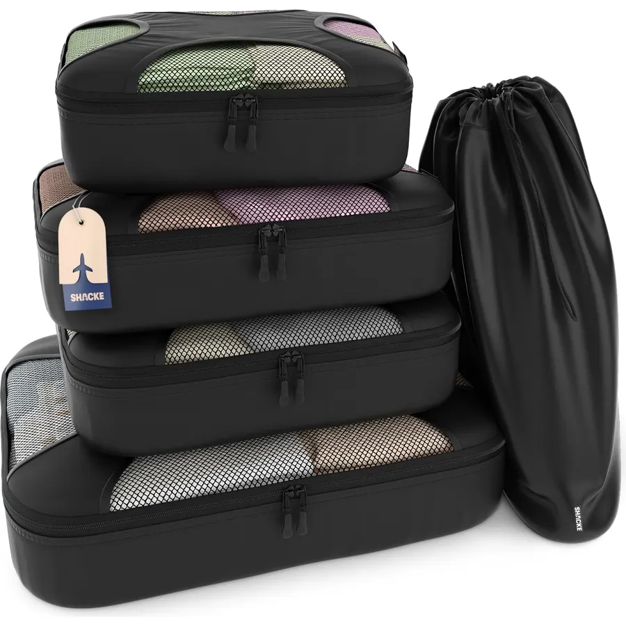 Shacke 5 Set Packing Cubes for Travel with Laundry Bag (Pure Black)