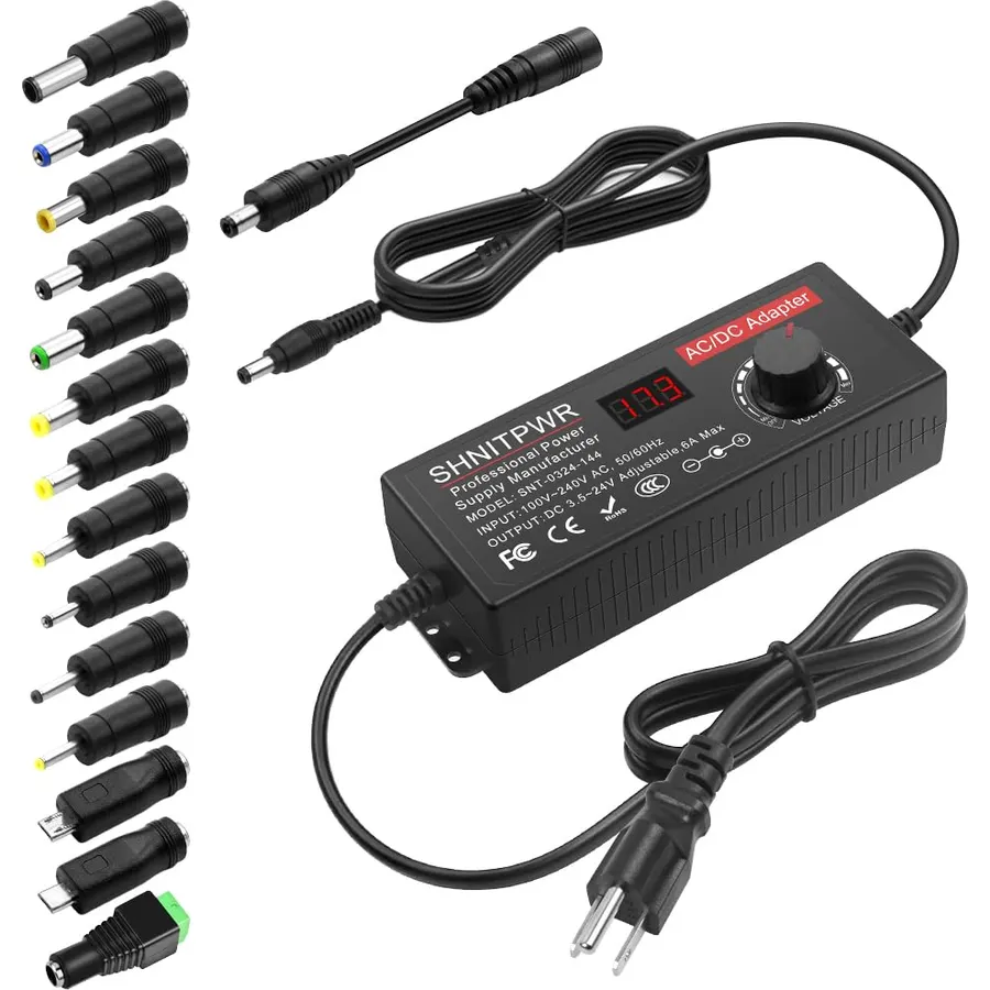 SHNITPWR Universal Power Supply DC 24V 12V 5V 6V 9V 14V 19V Adjustable AC/DC Adapter 100V~240V AC to DC Variable Power Converter Multi-Voltage 4V ~ 24V 6A 144W Power Adapter 14 Tips LCD Display