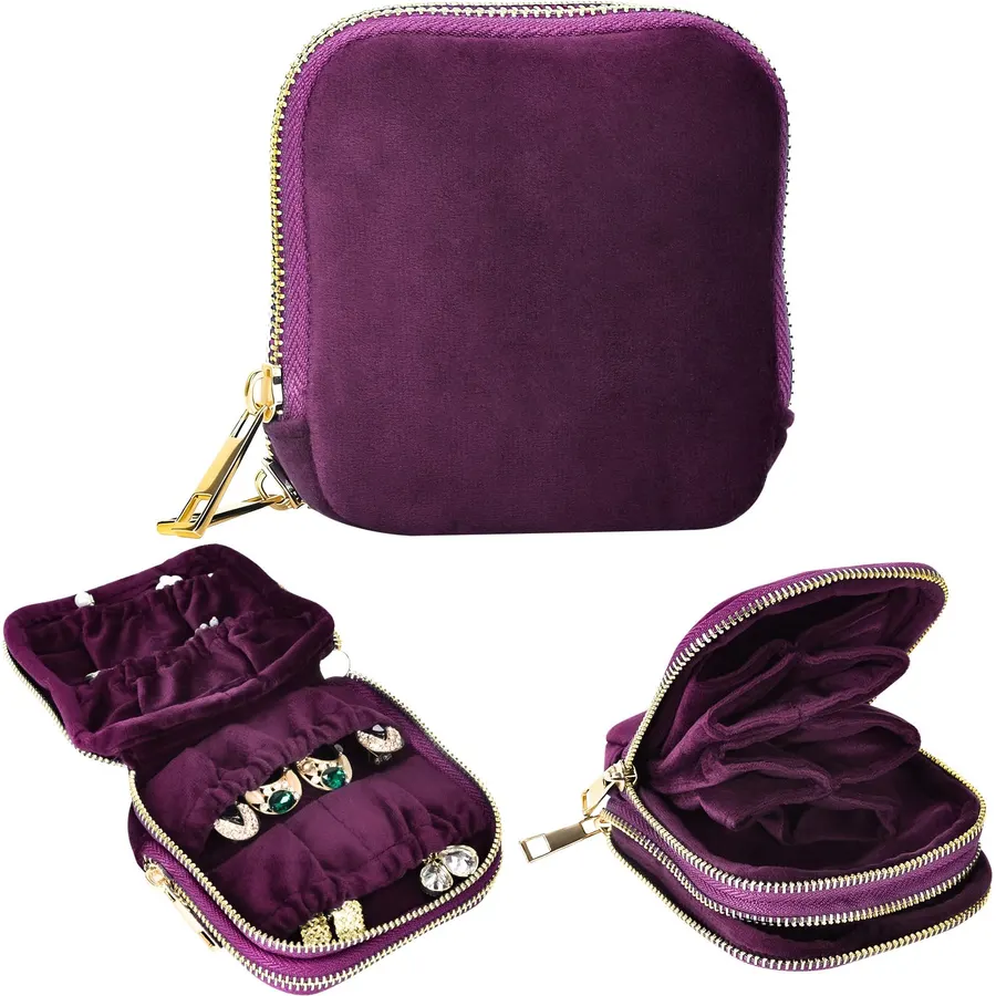 shunmei Portable Travel Jewelry Case with Smooth Double Metal Zipper,Purple