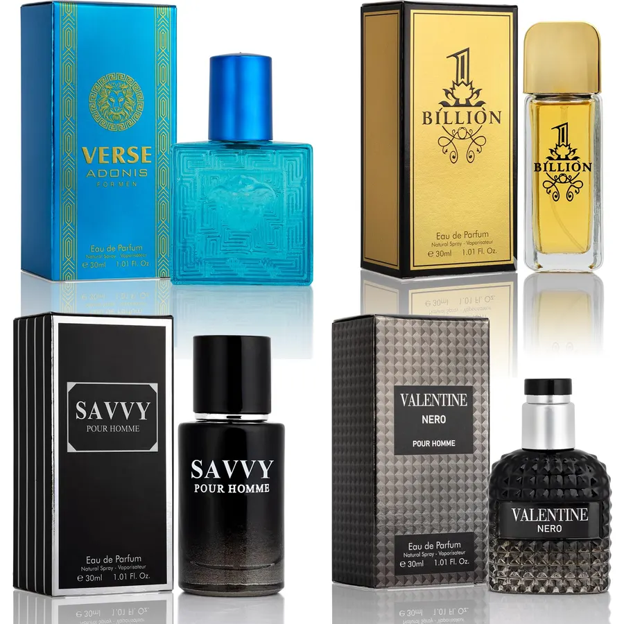 Signature Scent 4-Piece Mini Fragrance Set for Men Includes Savvy/1 Billion/Verse/Valentine Collection of Woody, Spicy, Citrus & Aromatic Fragrance Non-Irritating Ingredient Each One in 30ml Bottle
