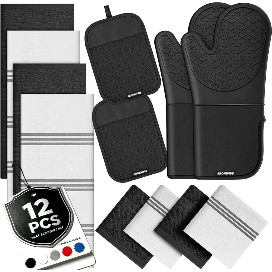 Silicone Oven Mitts and Pot Holders with Kitchen Towels and Dishcloths Sets, Baking Gloves Hot Pads 500°F Heat Resistant with Non-Slip Grip Surface, Mitts Set Includes 4 Kitchen Towels/4 Dish Towels
