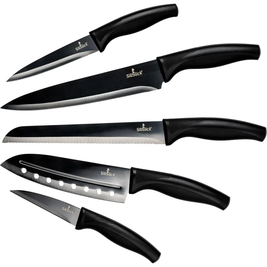 SiliSlick Black Handle | Black Blade Kitchen Knife Set, 5 pc