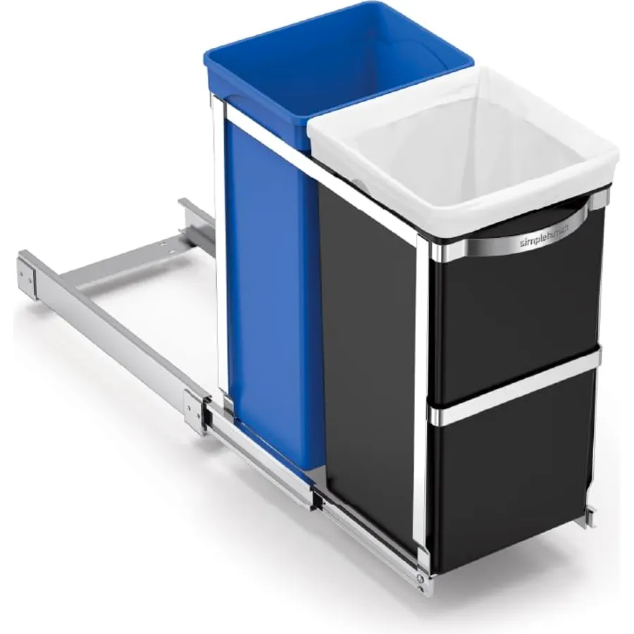 simplehuman 35 Liter / 9.3 Gallon Dual Compartment Under Counter Kitchen Cabinet Pull-Out Recycling Bin and Trash Can, Chrome