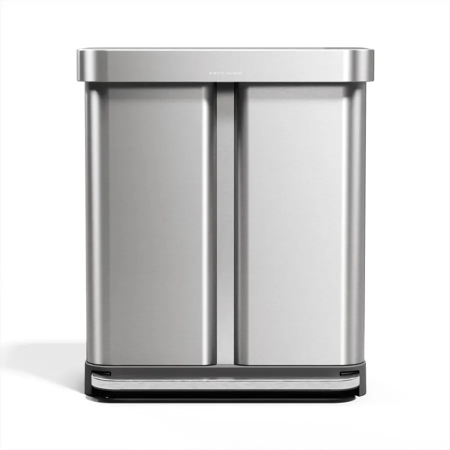 simplehuman Step Recycler, 58L / 15.3 Gallon Dual Compartment Kitchen Trash Can, 150,000-Step Pedal, Lid Shox® Technology, Liner Rim System, Liner Pocket®, Brushed Stainless Steel with Plastic Lid