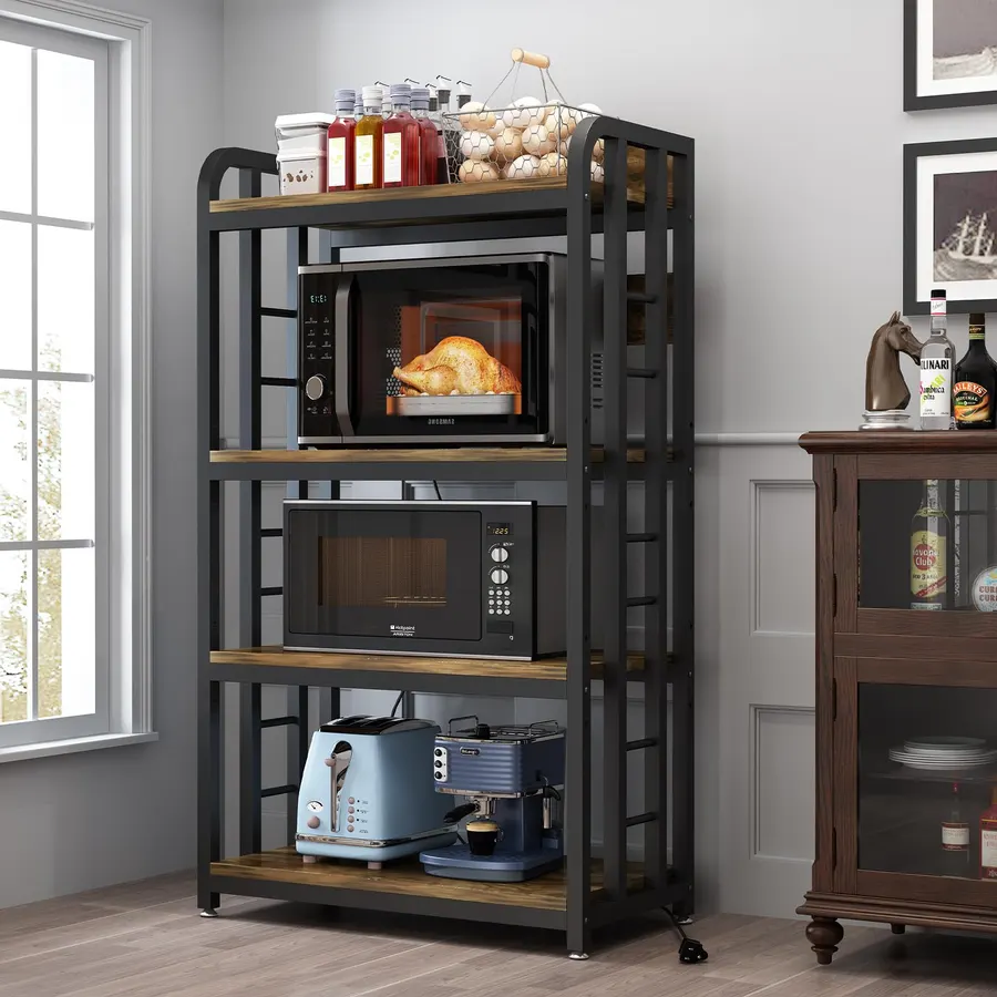 SIREDEEP Bakers Rack with Power Outlet ，4-Tier Kitchen Baker's Rack,Microwave Stand with Storage Suitable for Kitchen, Living Room, Dinning Room，Coffee Bar(Rustic Brown)