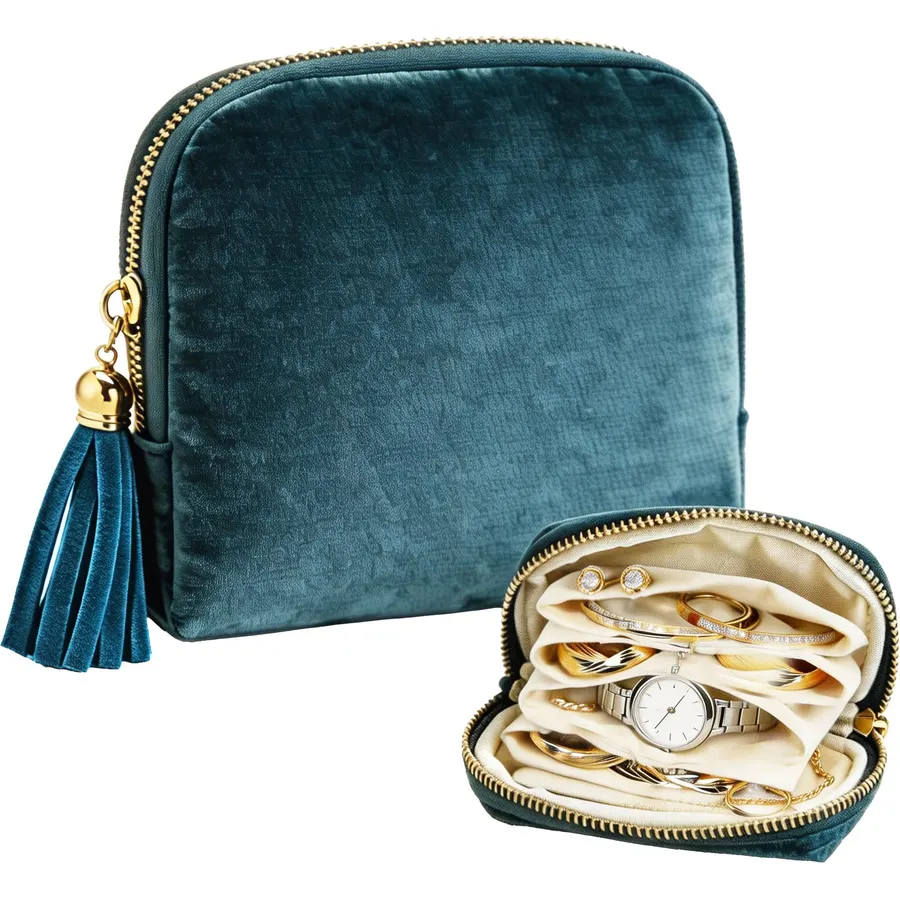 Denim Travel Jewelry Organizer for Women, Accordion Travel Jewelry Case with 6 Cotton Layers for Crystal Bracelets & Necklaces, Anti-Tangle Storage with Zipper Pocket for Rings & Earrings