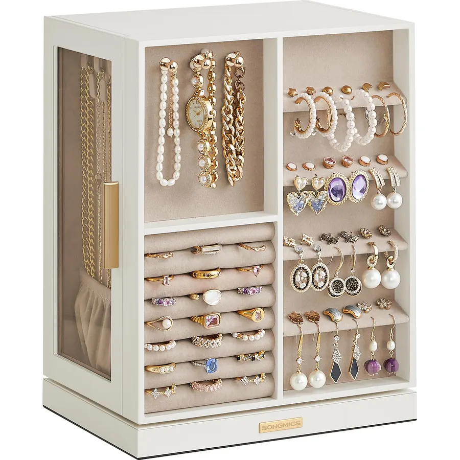 SONGMICS Jewelry Box Organizer, 360° Rotating, 5 Drawers, Cloud White
