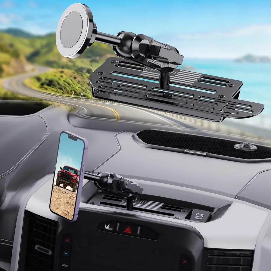 Stainless Steel Phone Mount for 2019+ Ram 1500/2500/3500/TRX, Magnetic & Clamp Dual Heads, All-Metal Shakeproof Unique America Flag Design OEM Screw Hole Dash Mount Install Super Stable