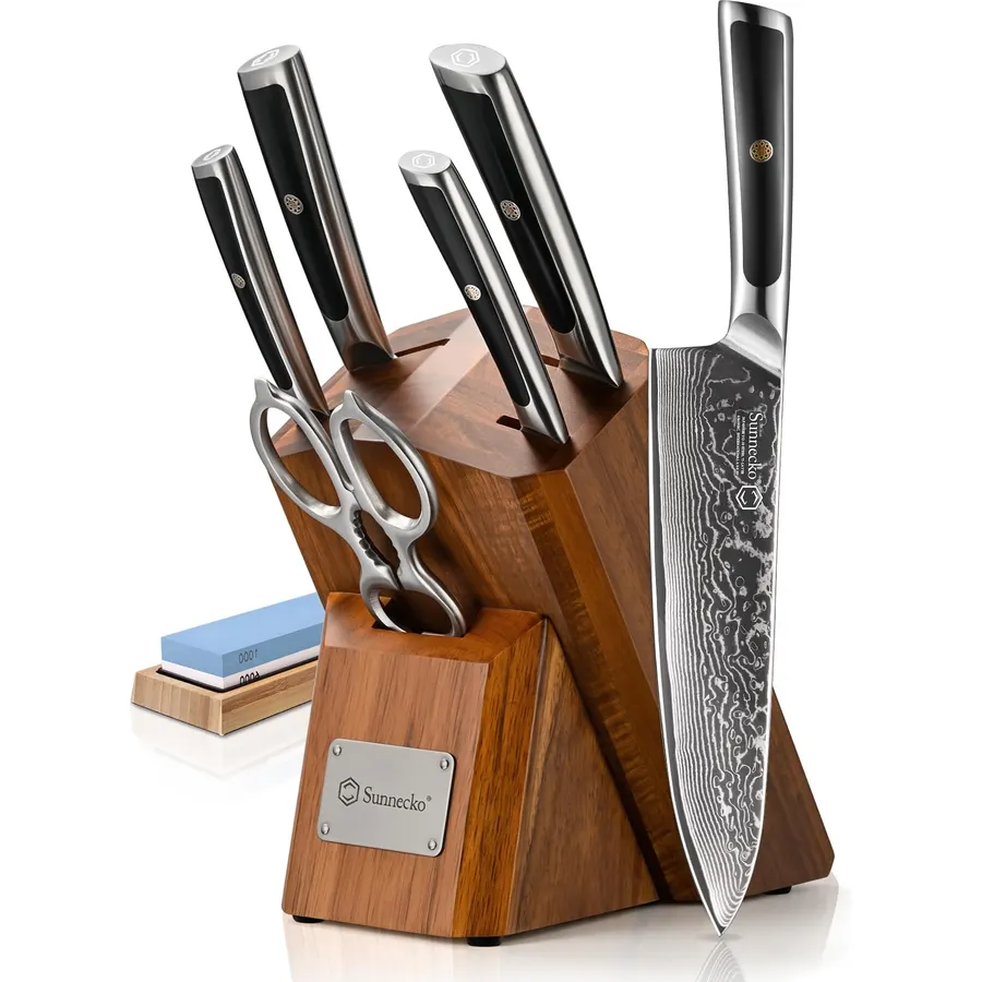Sunnecko 7-Piece Damascus Kitchen Knife Set with Block, VG10 Core, Forged