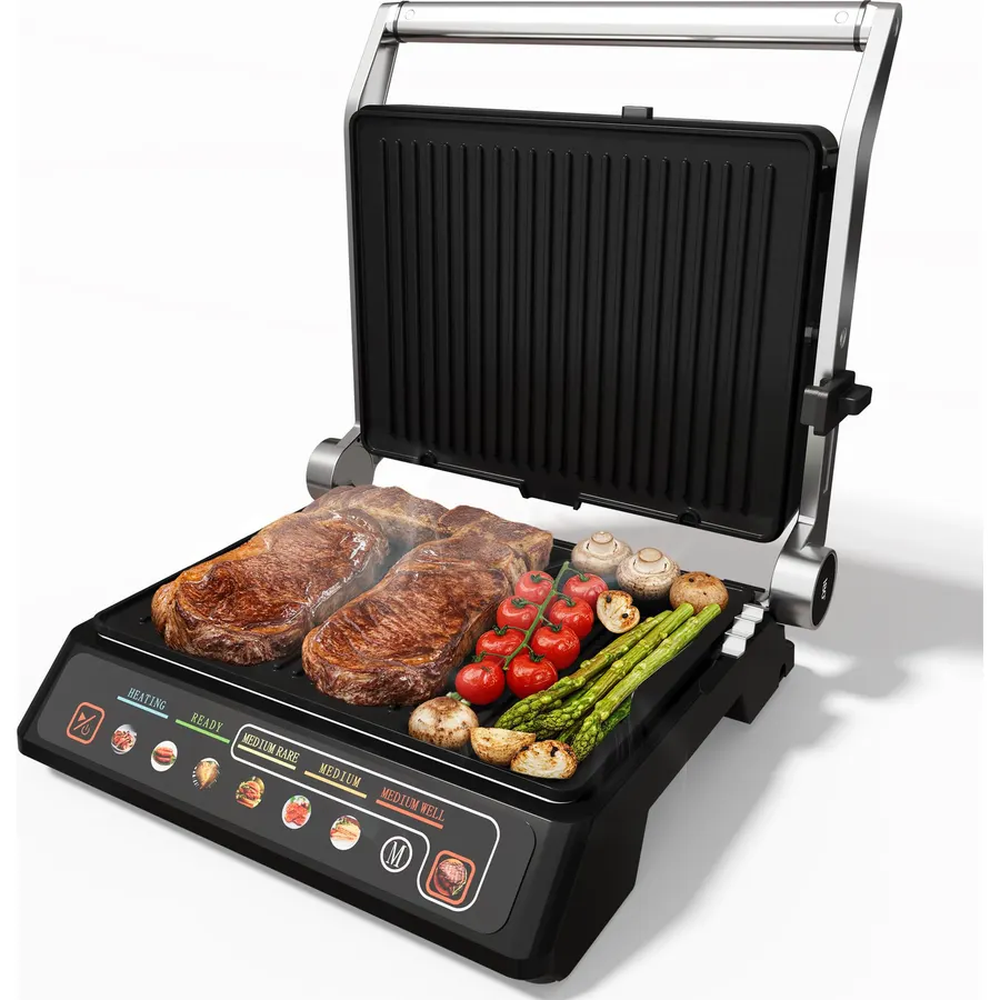 Sunvivi Indoor Grill & Griddle with Preset Menu, 1600W Electric Panini Press Sandwich Maker, Removable Nonstick Plates, Locking Lid, Double-sided Grill with 180° Flat Opening, Stainless Steel, Black