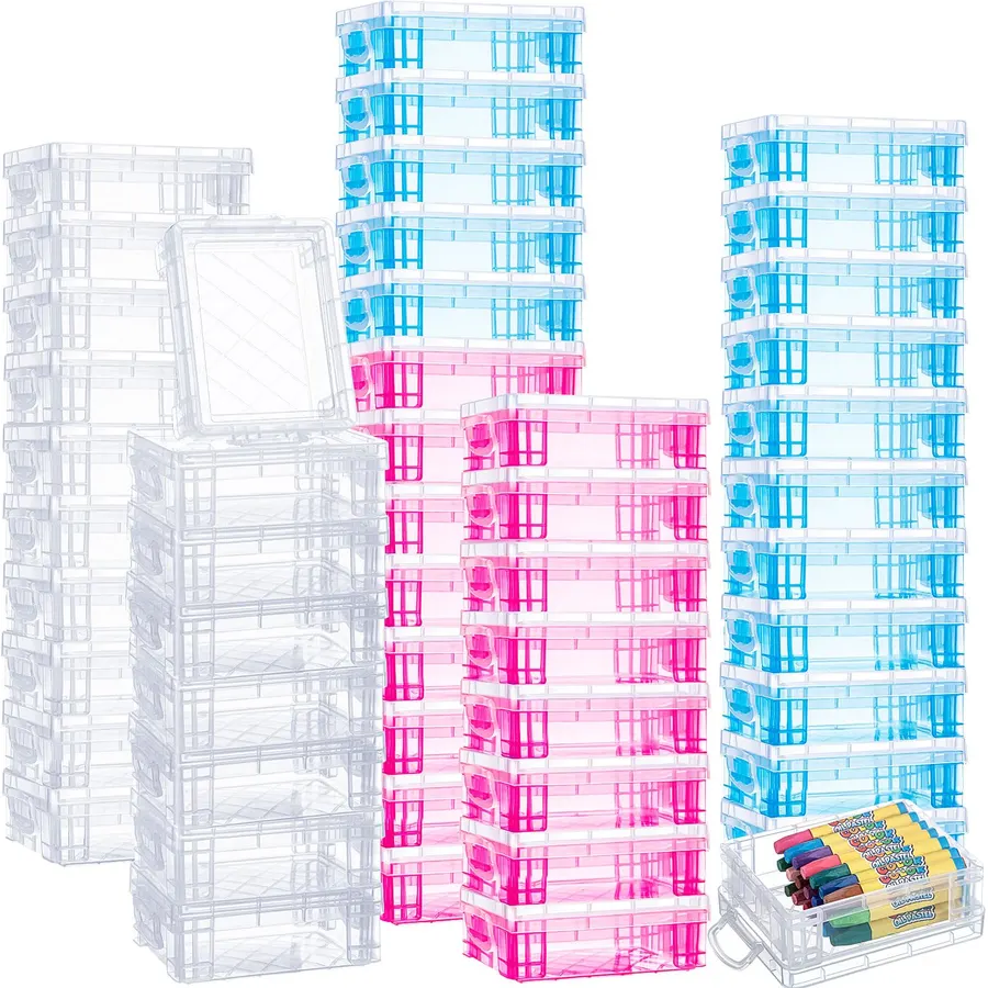 Suzile 50 Pcs Plastic Crayon Box with Lid 4.8 x 3.4 x 1.6, Clear,Red,Blue