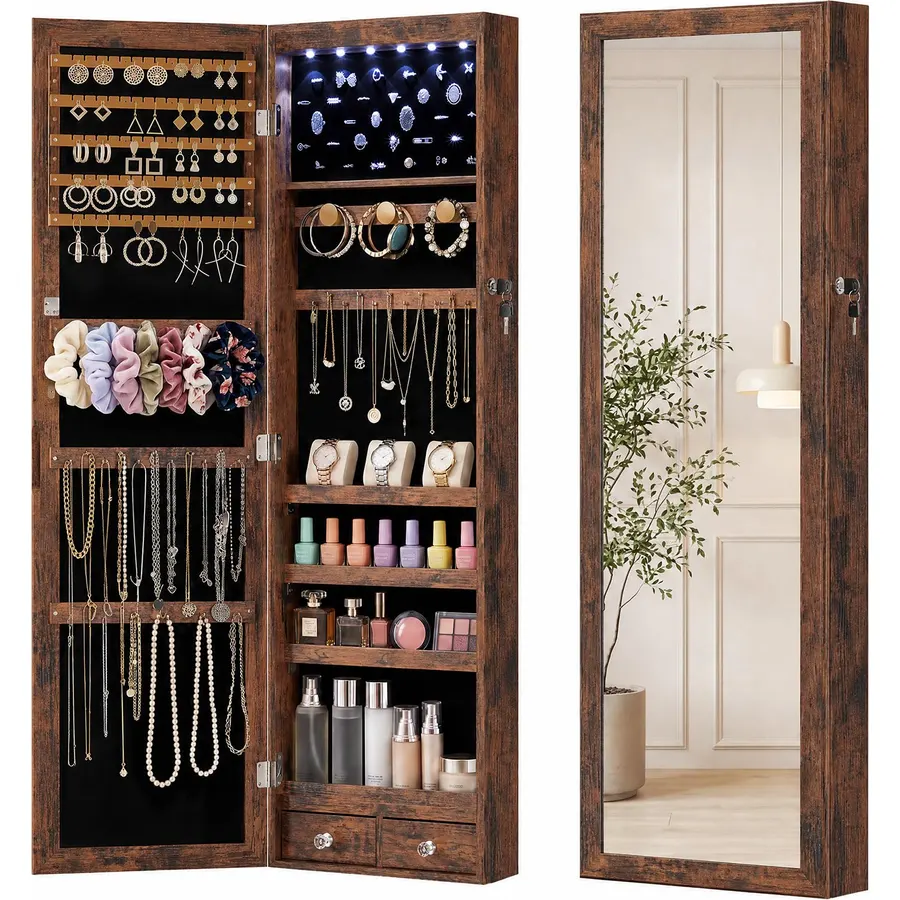 Sweetcrispy Jewelry Armoire Cabinet, Hanging Mirror with Storage, 47.2 Inch