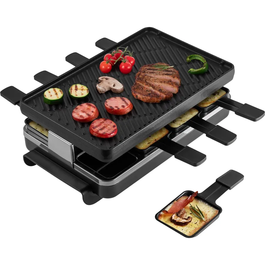 Swissmar Classic 8-Person Raclette Party Grill - Indoor Electric Grill & Griller with Reversible Cast Iron Grill Plate/Crepe Top - Anthracite Black