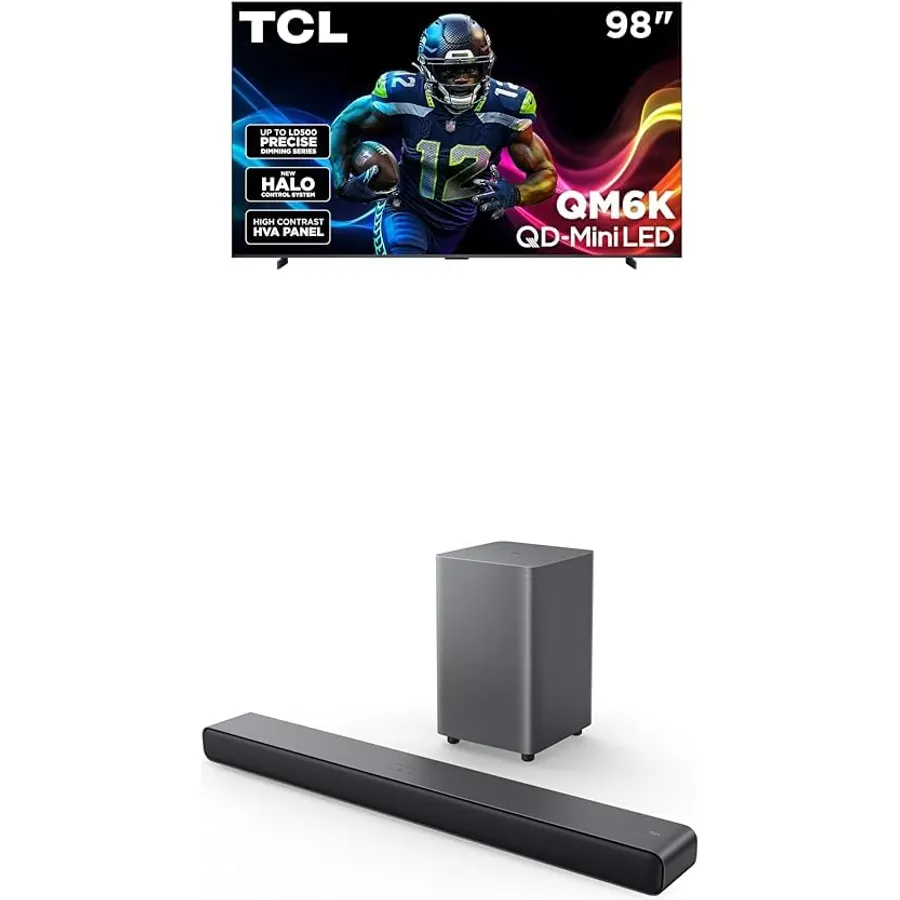 TCL 98-Inch QM6K QLED 4K Smart QD-Mini LED TV with Google TV (98QM6K, 2025 Model) + S55H S Class 2.1 Channel Sound Bar with Dolby Atmos