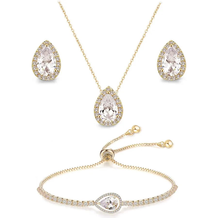 Teardrop Crystal Jewelry Set for Women, Wedding Bride Bridesmaid Prom Necklace Earrings Bracelet Set for Formal Evening Party