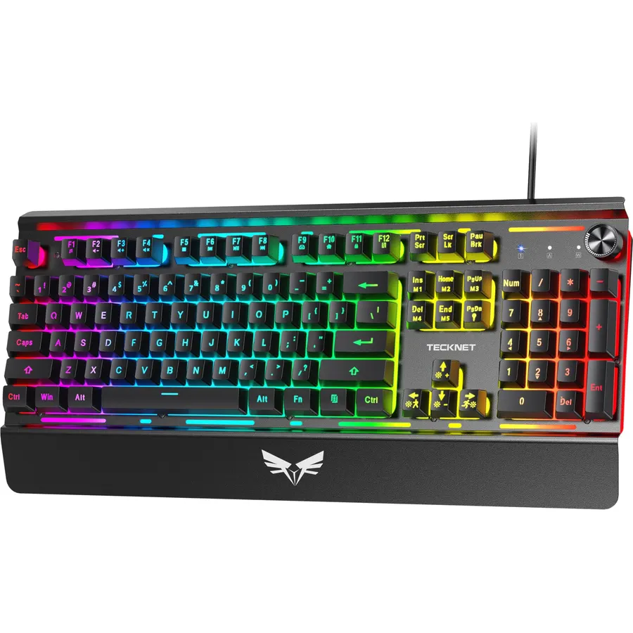 TECKNET Wired Gaming Keyboard, Metal‑Panel RGB Keyboard with Volume Knob