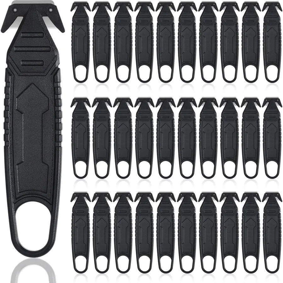 Therwen 30 Pcs Safety Box Cutter with Concealed Blade Opener, Black