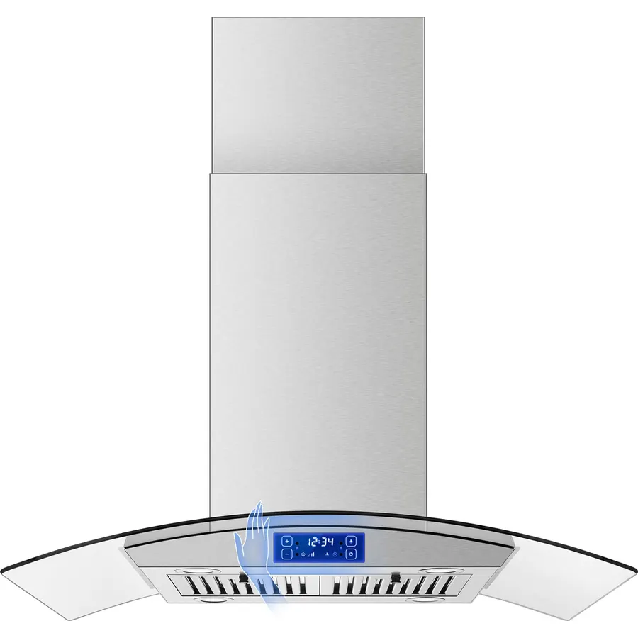 Tieasy Island Range Hood 36 inch 700 CFM Ceiling Mount Kitchen Stove Hood Ducted with Tempered Glass 4 LED Lights Touch Control 3 Speed Fan Permanent Filters