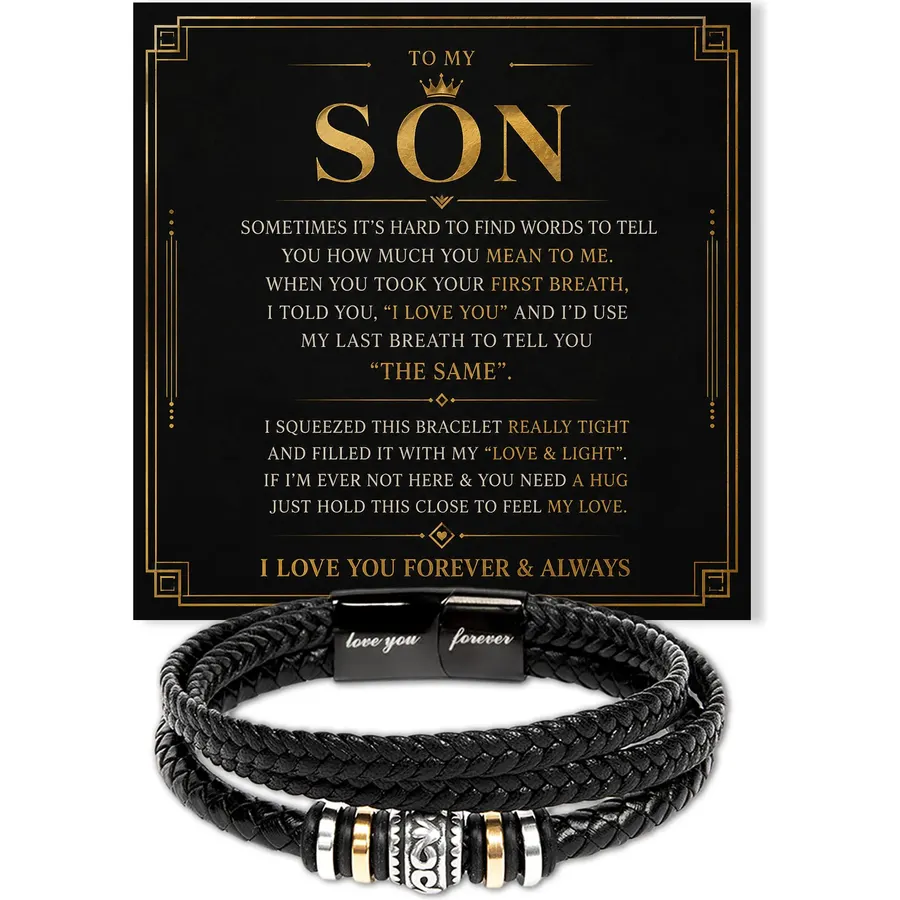 To My Son Bracelet from Mom Dad Never Forget I Love You Forever Never Alone Inspirational Message Jewelry Gift Birthday Christmas Graduation Men Leather Cross Christian Faith Keepsake Wristband
