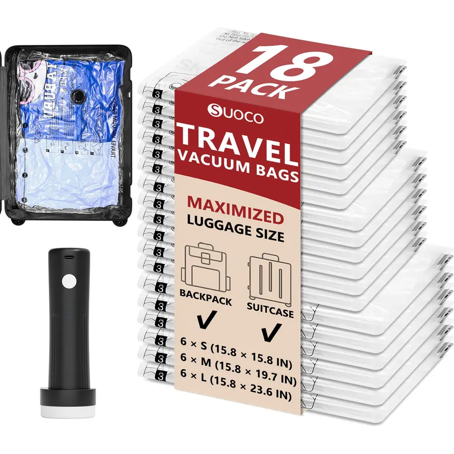 Travel Vacuum Bags for Clothing with Cordless Pump 18 Combo, Clear